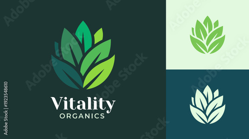 This image showcases the Vitality Organics logo, featuring a vibrant leaf design that symbolizes health, growth, and natural elements, ideal for organic brands.