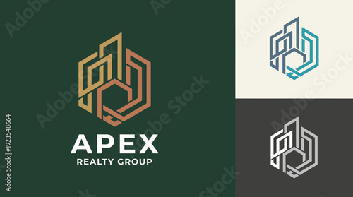 This logo showcases a modern and geometric design ideal for a real estate brand, presenting a unique blend of colors and lines to symbolize growth and stability.