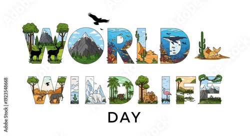 World Wildlife Day illustration with animals and natural elements in letters on white background
