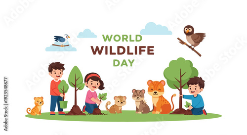 Illustration of children and various animals celebrating World Wildlife Day with a tree, conveying a joyful and eco-friendly mood in a colorful flat lay.