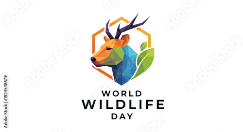 Vector illustration of a stylized animal head with leaves and geometric shapes for World Wildlife Day, promoting conservation awareness on a white background with a natural and earthy mood.