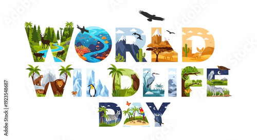 Graphic illustration of 'World Wildlife Day' with various animals and natural elements in a colorful, stylized typographic design on a white background.
