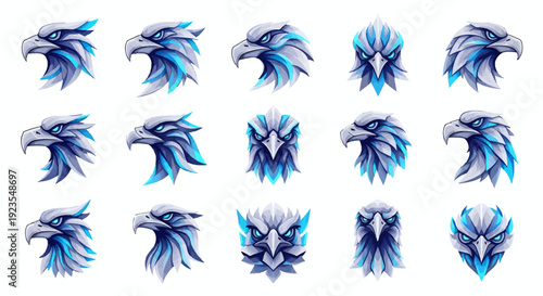 Stylized Eagle Head Designs Set for Brand Identity Esport Mascots and Company Logos Vector Illustration