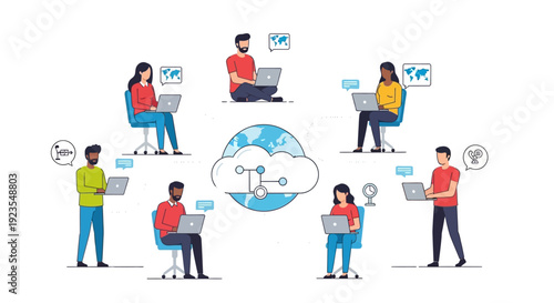Global Remote Team Collaboration Illustration. Diverse People Working Online Connected to Cloud Network and Distributed Virtual Office.