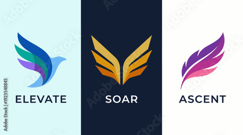 A triad of visually striking logos, symbolizing elevation, soaring aspirations, and ascendant journeys through elegant and dynamic bird and feather motifs in vibrant hues.