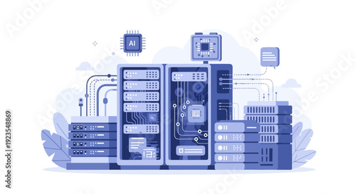 AI Data Center Server Racks Illustration. Network Infrastructure, Cloud Computing Technology, and Big Data Processing Architecture Concept.