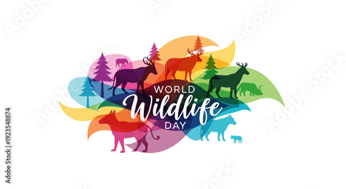 Colorful illustration of various animals celebrating World Wildlife Day on March 3 with a vibrant, global awareness campaign against a clean white background.