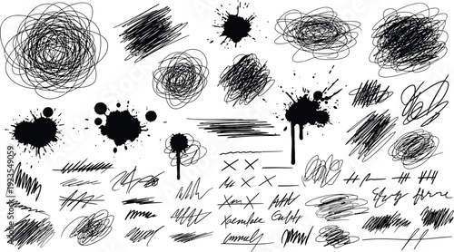 Collection of hand drawn black ink scribbles messy chaotic lines doodles and abstract ink blot splatter graphic design elements for artistic concepts