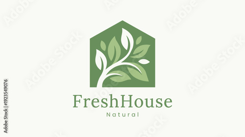 An eco-friendly house logo featuring leaves, symbolizing sustainability and nature, ideal for brands promoting organic products and environmental awareness.