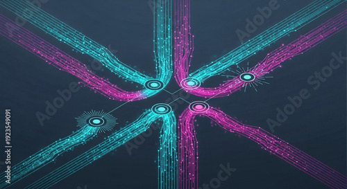 Neon pink and blue abstract lines intersecting in a dark background forming a futuristic network pattern