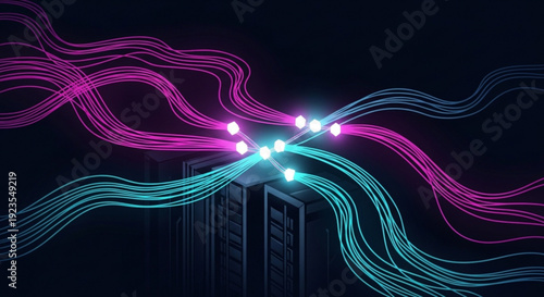 Glowing neon lines intersect above a dark cityscape at night with vibrant pink and blue lights