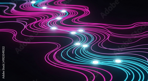Vibrant pink and blue neon light trails with glowing white dots on a dark background abstract technology concept
