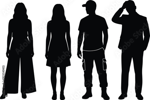 Fashionable men and women silhouettes standing poses, stylish casual outfits vector illustration collection