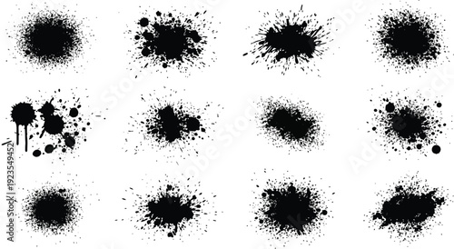 Collection of twelve unique black ink splatter and grunge paint brush stroke graphic design elements isolated on a white background