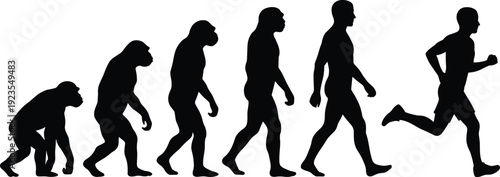 Human evolution silhouette sequence from ape to modern running man, Darwin evolution theory concept vector illustration