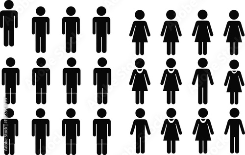 Gender diversity population infographic with male and female icons grid, restroom symbols illustration representing demographic statistics balance concept