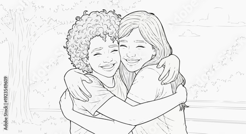 Coloring page for children - two friends hugging and making up after a fight