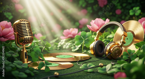 Gold microphone, headphones, vinyl records in a field of clover for St. Patricks Day. Spring music celebration, lucky charm, broadcasting.