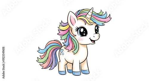 Adorable baby unicorn with sparkling eyes and a flowing rainbow mane stands sweetly isolated against a clean white background canvas