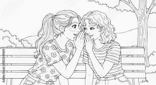 Coloring page for children - two teenage girls whisper and smile shyly, expressing their emotions