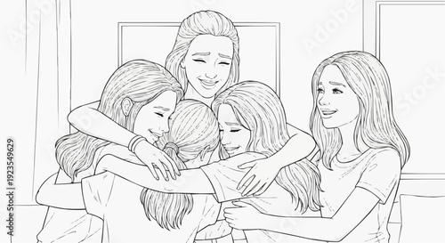 Coloring page for children - a group of teenage girls is happily hugging after hearing good news.