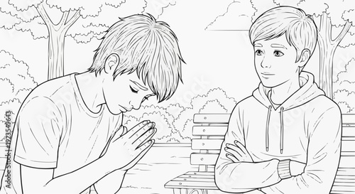 Coloring page for children - a teenager sincerely apologizes, and his friend listens thoughtfully.