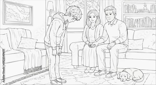 Coloring page for children - a sad child apologizing to his parents in a cozy living room