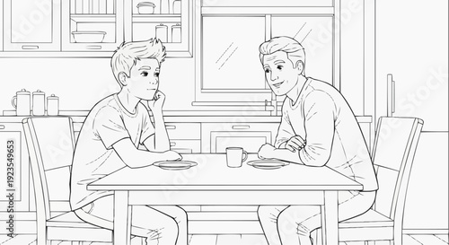 Coloring page for children - a teenager discussing future plans with his father at the kitchen table