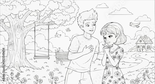 Coloring page for children - a teenager confesses his feelings, and the girl blushes in embarrassment