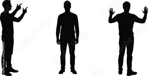 Man silhouette gestures set pointing finger standing and surrender pose, male body language concept vector illustration