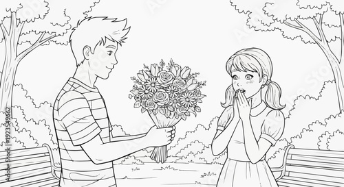 Coloring page for kids - a teenager gives flowers to a surprised girl