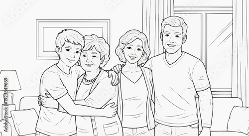 Coloring page for children - a teenager hugs his grandmother warmly, and the parents smile at them