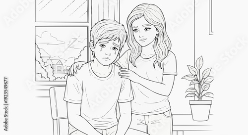 Coloring page for children - a sister comforts her upset brother by gently hugging him.