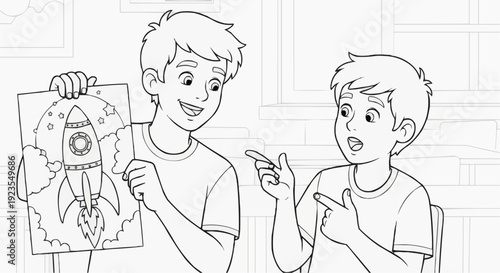 Coloring page for children - a teenager proudly shows his drawing, and his friend is impressed.