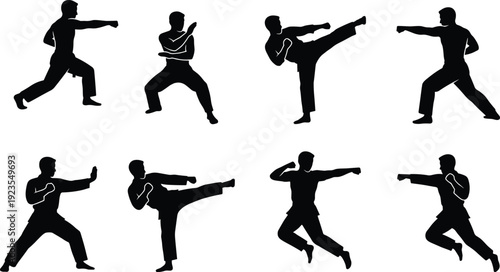 Martial arts fighter silhouettes collection with punches and kicks, karate taekwondo combat action vector illustration set