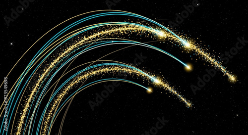 Glowing blue and gold light trails arc across a dark background with sparks and stars creating a dynamic abstract scene
