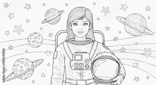 Coloring page for children - portrait of a teenage astronaut with stars and planets