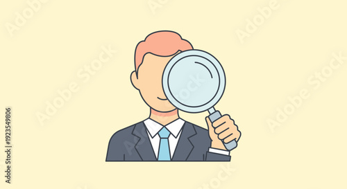 Man in Suit Holding Magnifying Glass to Eye, Searching and Discovering