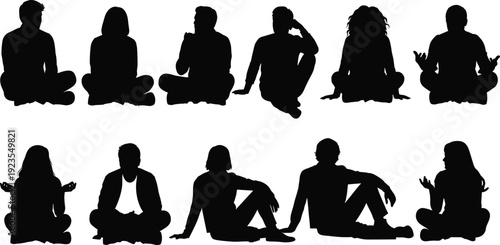 People meditating silhouettes set in lotus pose, yoga mindfulness relaxation concept vector illustration collection