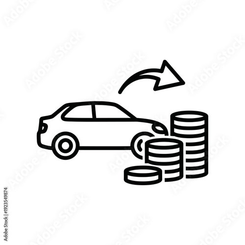 Simple black and white illustration of a car next to stacked coins with an arrow, symbolizing vehicle finance and savings.