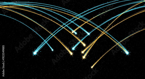 Glowing neon lines intersecting and crisscrossing in a dark background with vibrant blue and yellow streaks of light