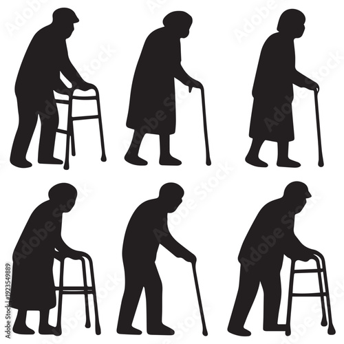 Elderly People Using Walking Aid Silhouettes: Senior Pensioner Walking Support Vector Collection on White Background.