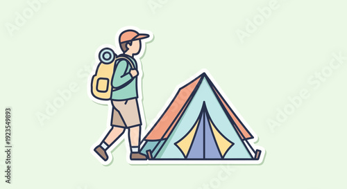 Hiker with Backpack and Tent, Outdoor Camping Adventure Illustration