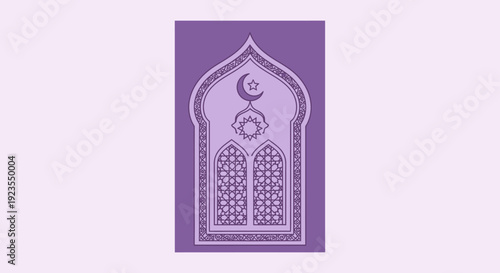 Islamic Archway Window with Crescent Moon and Star, Geometric Patterns, Purple