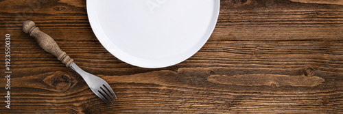 Rustic Wooden Banner Background with Plate Edge and Fork