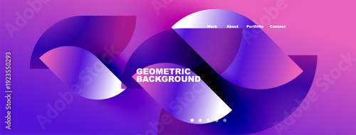 Abstract purple design features flowing shapes, text, navigation menu. Modern, vibrant, geometric background suitable for website header.