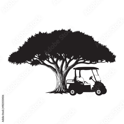 Golf Cart Under Large Tree Icon – Silhouette Vector