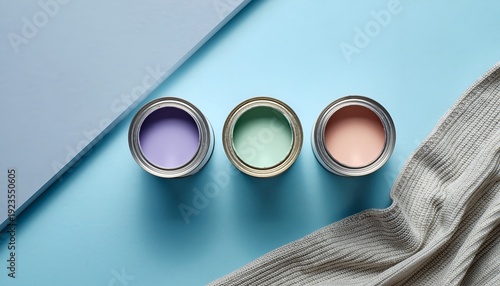 Open paint cans on a blue surface with textile and shapes