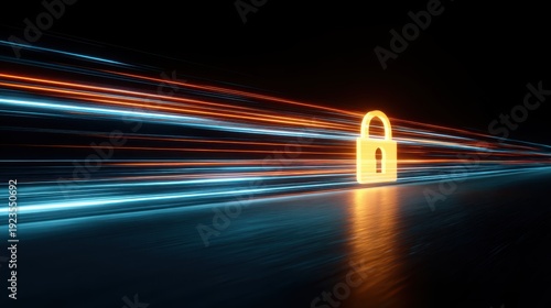 Abstract digital illustration of glowing lock symbol amidst vibrant light trails representing data security and protection in a modern technology environment