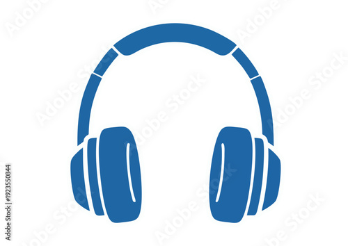 A pair of blue headphones displayed on a clean white surface from a straightforward front viewpoint